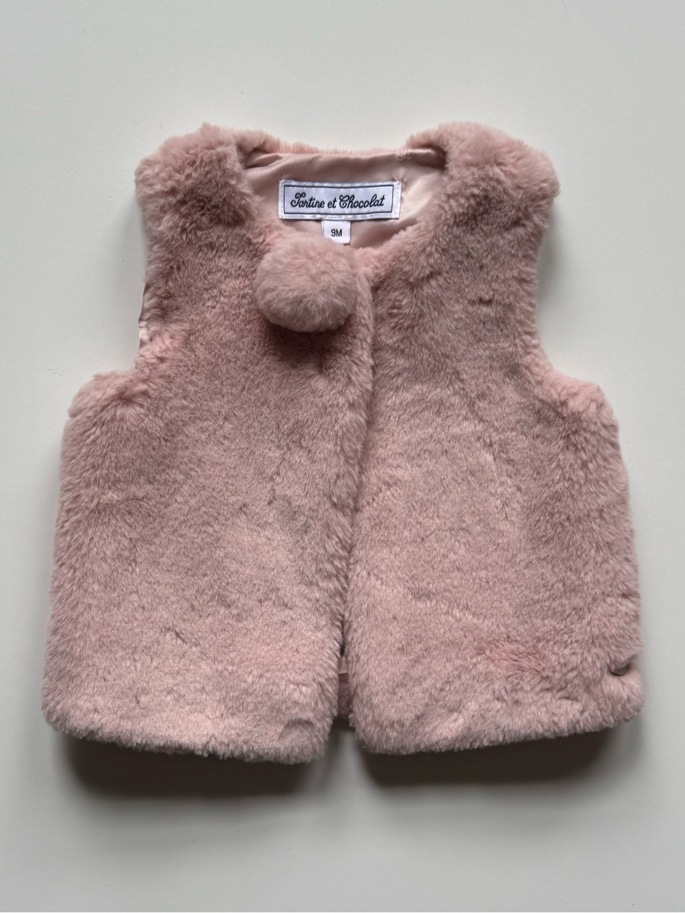 Tartine et Chocolat Faux Fur Vest with Pom, Pale Rose - Size 9M